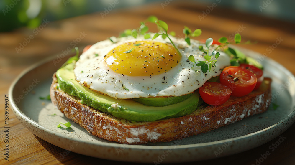 Avocado Toast with Sunny-Side-Up Egg and Microgreens on Rustic Plate Avocado Toast with Sunny-Side-Up Egg and Microgreens on Rustic Plate