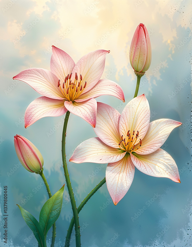 Fototapeta premium Pink Lily Flowers in Bloom. Watercolor illustration