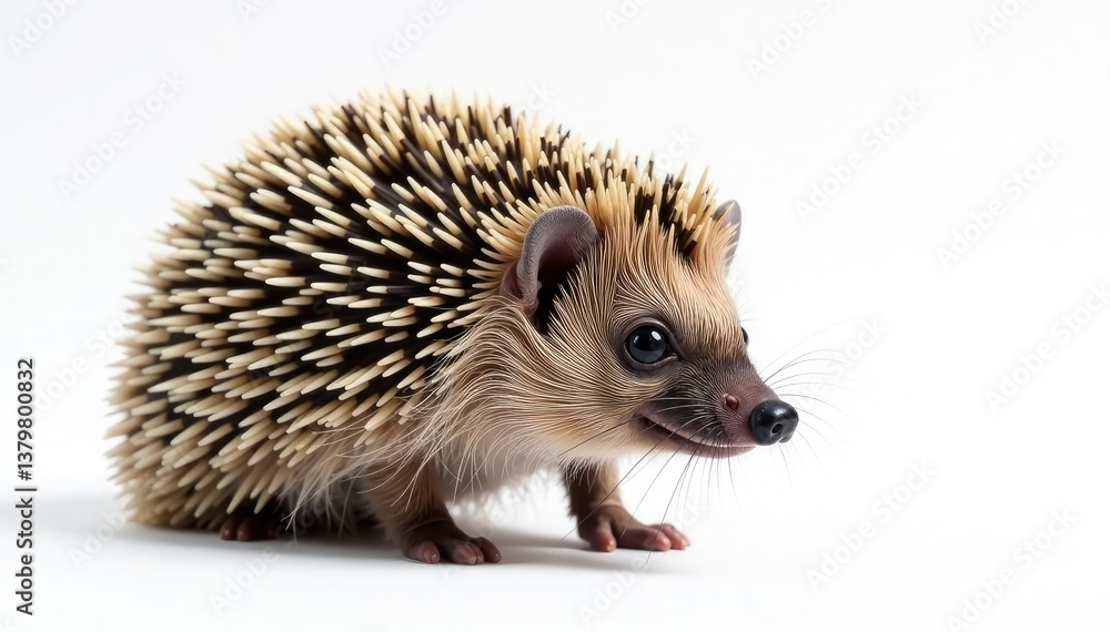 Close-up of a single hedgehog on a seamless white backdrop Its spines are clearly visible , image, hedgehog spines Close-up of a single hedgehog on a seamless white backdrop Its spines are clearly visible , image, hedgehog spines