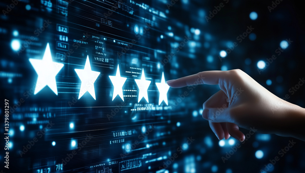 Fototapeta premium A businessman hand interacting with a virtual screen displaying five stars on a dark background
