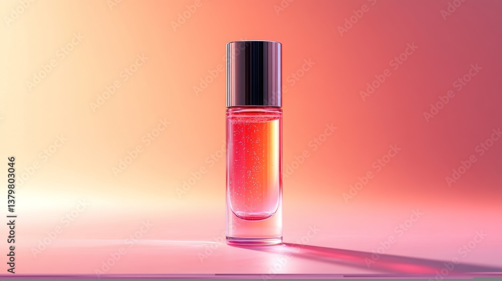 Elegant red perfume bottle with bubbles on gradient background Elegant red perfume bottle with bubbles on gradient background