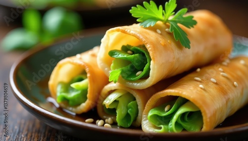 Close-up of crispy spring rolls, vibrant greens, sesame seeds, simple, dish