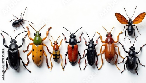 Close-up of diverse insects on white background, insect, animal