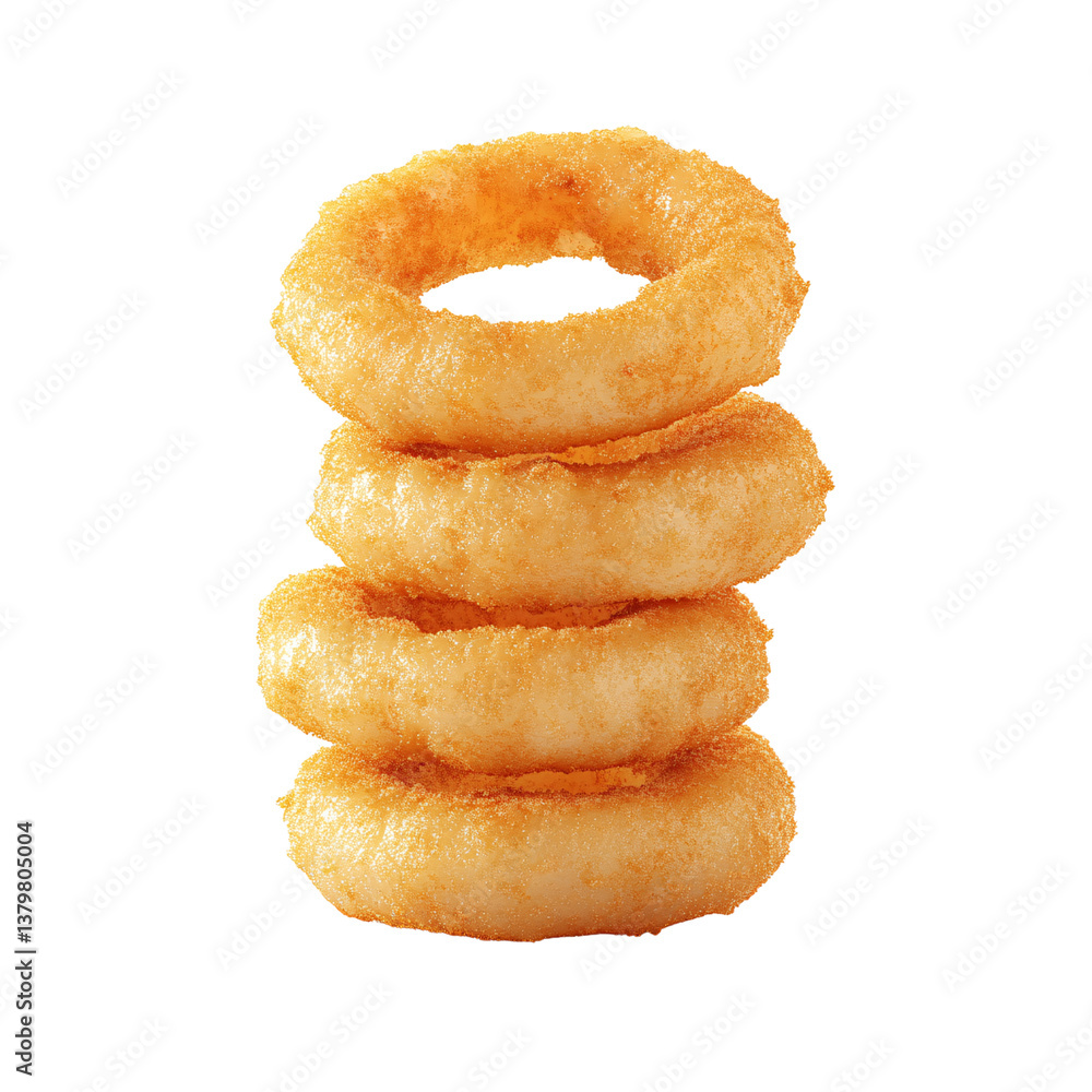 Stack of crispy golden onion rings on a transparent background Delicious fried snack, appetizer, or side dish concept Stack of crispy golden onion rings on a transparent background Delicious fried snack, appetizer, or side dish concept