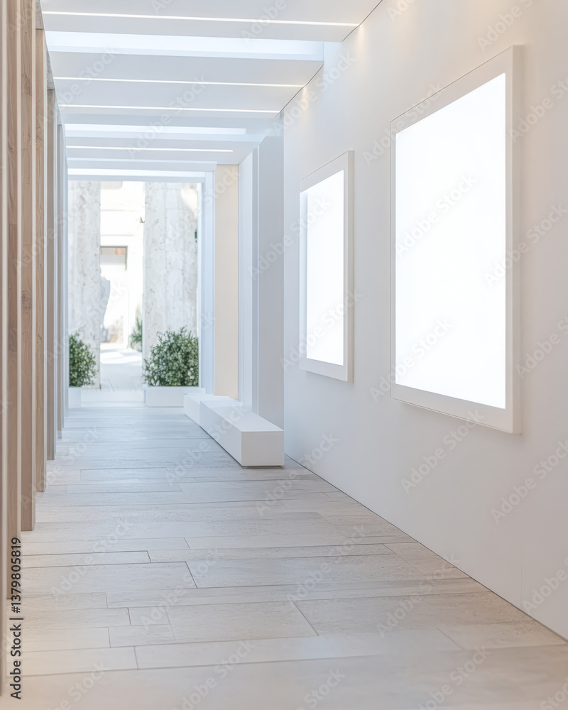 Modern gallery interior showcasing empty frames in a minimalist space with outdoor view Modern gallery interior showcasing empty frames in a minimalist space with outdoor view