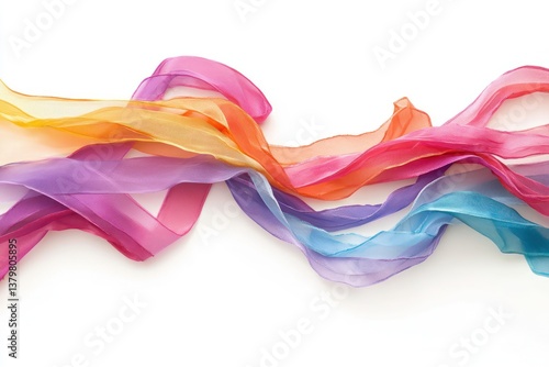 A vibrant rainbow of sheer fabrics dancing gracefully across a pristine white background, capturing the essence of fluidity and joy in a delicate, colorful swirl.
