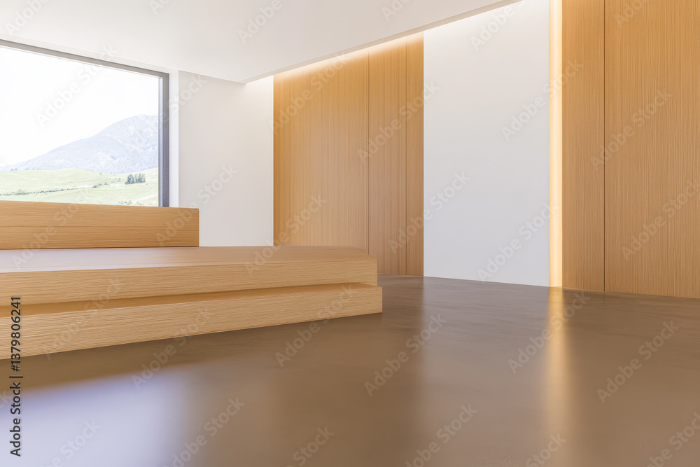 Fototapeta premium Modern minimalist interior design featuring natural materials and scenic views