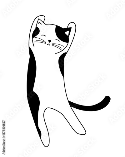 Funny cat in dancing or stretching pose black and white vector illustration