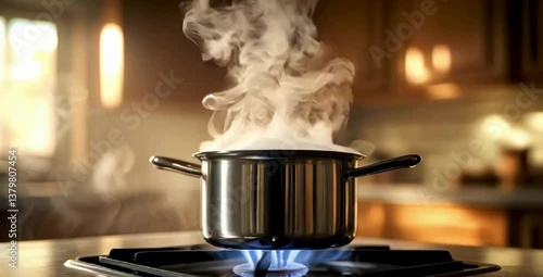 A pot of boiling water on a stove with rising steam.