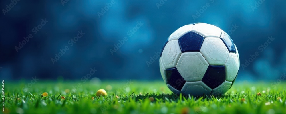 Fototapeta premium Soccer ball with blue background and football patterns, soccer, field