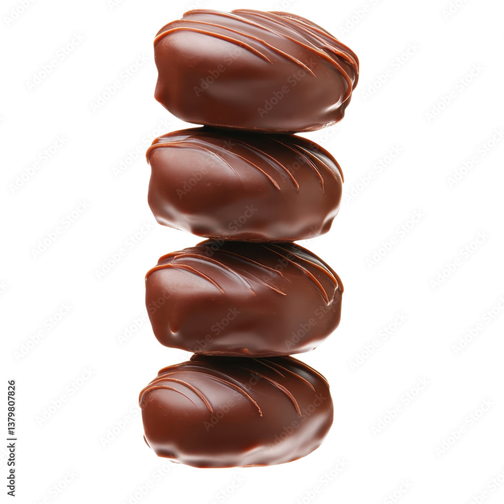 A stack of three chocolate-covered confections with elegant drizzles on top. A stack of three chocolate-covered confections with elegant drizzles on top.