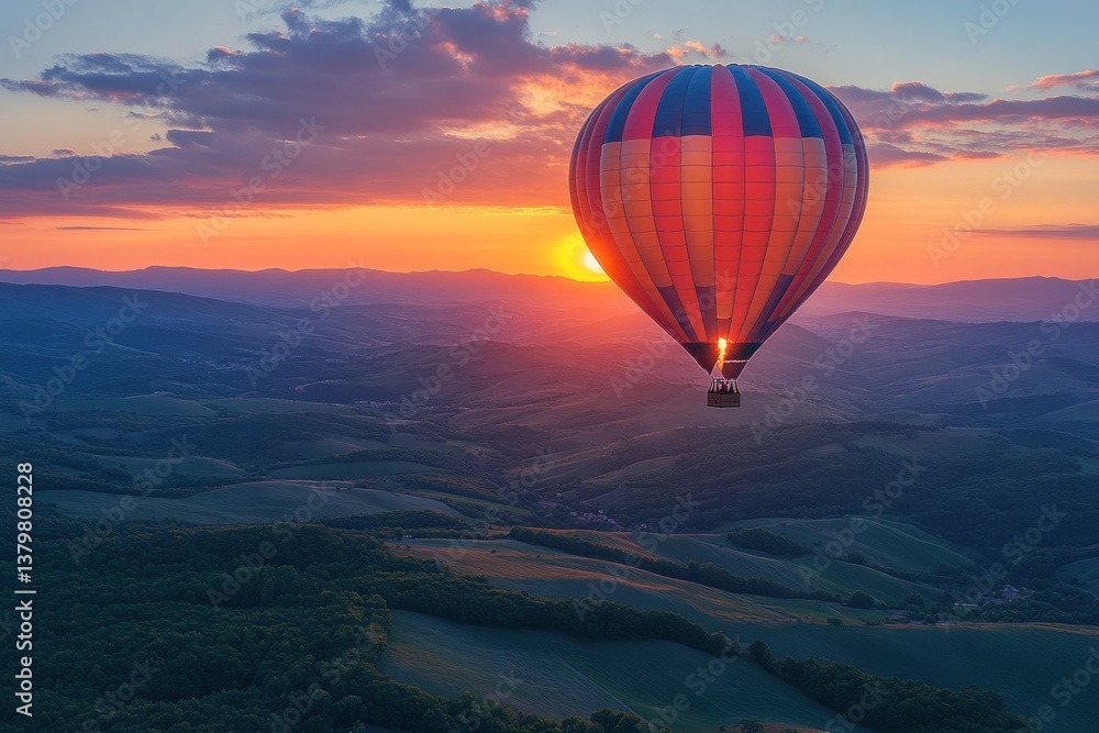 Obraz premium Hot Air Balloon Sunset Flight Over Rolling Hills