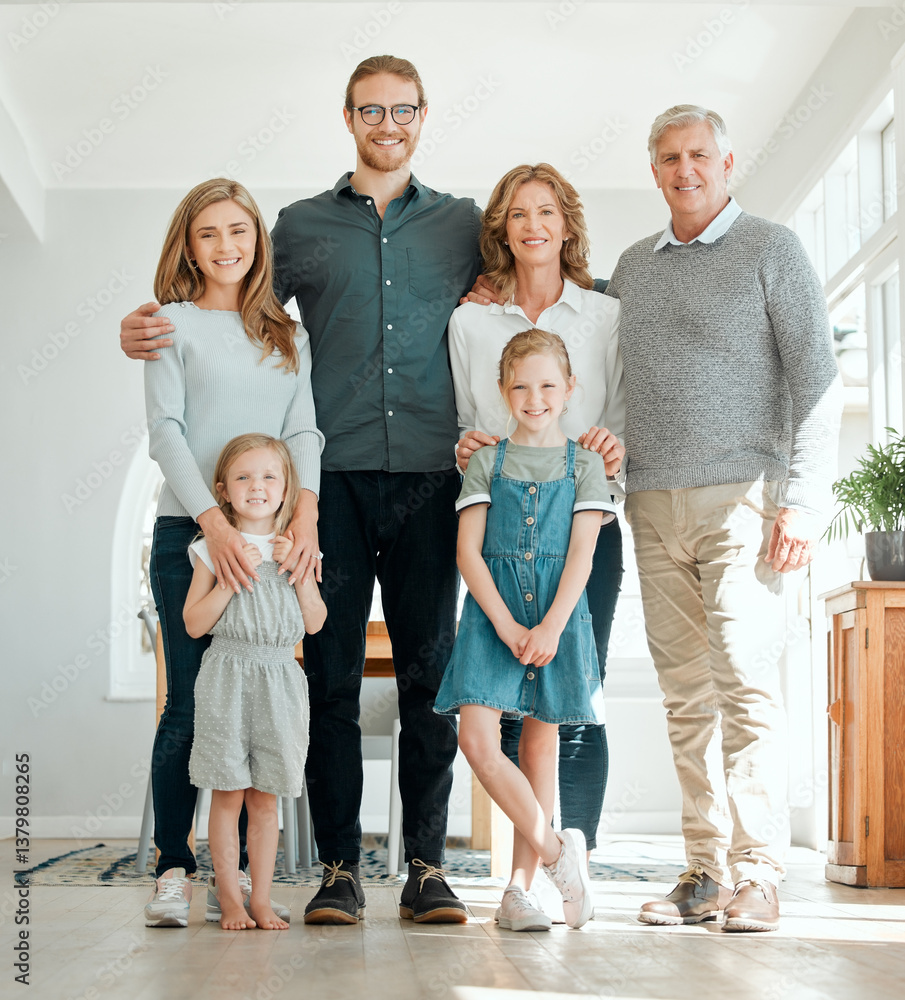 Love, portrait and smile with big family in dining room of home together for support or visit. Growth, relationship or trust with happy parents, grandparents and children in apartment for bonding