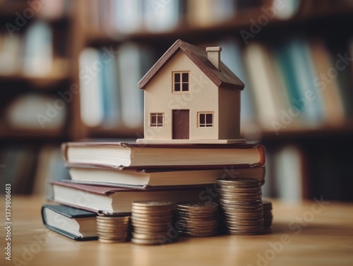 The concept of financial literacy and real estate investment is represented by books and a miniature house