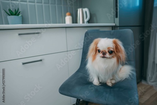 Foto adorable japanese chin dog sitting on a modern kitchen chair, concept of pet-fri
