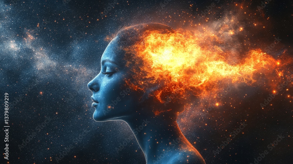 Cosmic portrait of a glowing celestial being slowly disappearing into a swirling galaxy, symbolizing the connection between humans and the universe Cosmic portrait of a glowing celestial being slowly disappearing into a swirling galaxy, symbolizing the connection between humans and the universe