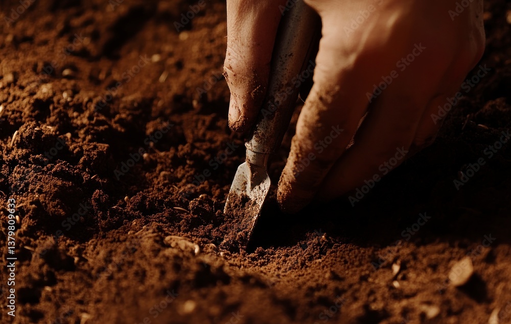 Hand Sowing Seeds in Dark Rich Soil Using Garden Tool Closeup Hand Sowing Seeds in Dark Rich Soil Using Garden Tool Closeup