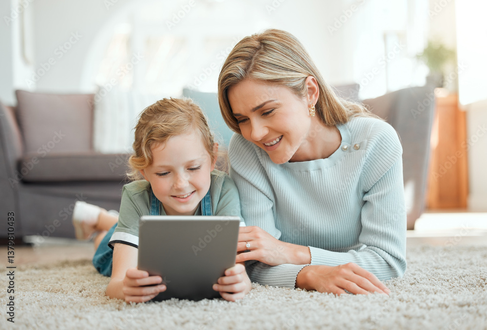 Mom, girl and tablet on floor for relax, video streaming and educational cartoon at home. Tech, mother and daughter in lounge for support, virtual entertainment and happy for relationship development Mom, girl and tablet on floor for relax, video streaming and educational cartoon at home. Tech, mother and daughter in lounge for support, virtual entertainment and happy for relationship development