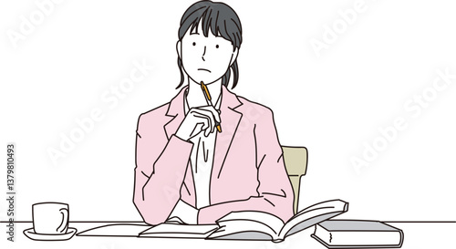 デスクで考える女性のイラスト