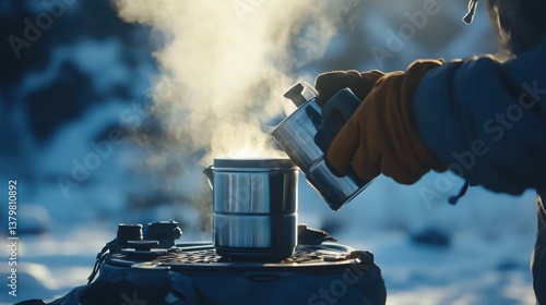 A person wea warm gloves pours hot water into a metal camping cup outdoors in a snowy winter landscape du a cold morning adventure.
