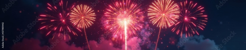 Obraz premium Vibrant fireworks exploding in mid-air with colorful sparks and smoke, light show, pyrotechnics, burst overlay