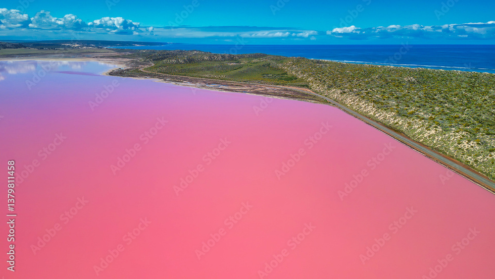 Vibrant pink hues of Hutt Lagoon captured from above, a natural wonder in Western Australia