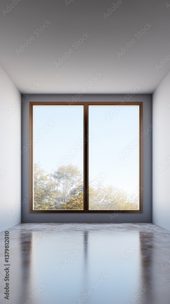 Modern interior space with a large window showcasing a clear blue sky and trees Modern interior space with a large window showcasing a clear blue sky and trees