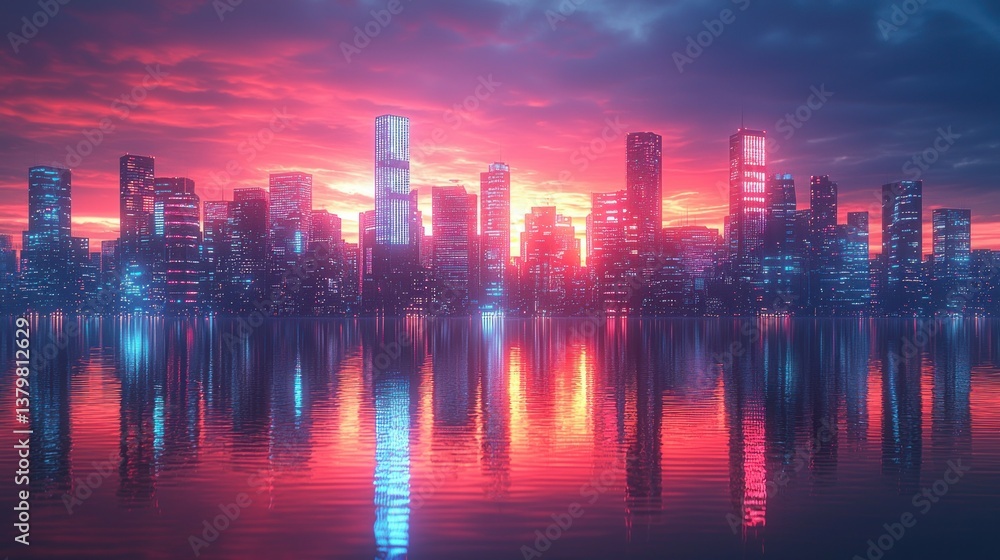 Fototapeta premium Futuristic cityscape at sunset