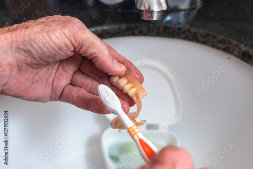 Fotografie An elderly person scrubs a partial denture with a toothbrush over a bathroom sink, demonstrating proper denture cleaning and oral hygiene maintenance