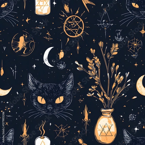 A mystical seamless pattern featu witchy symbols, celestial elements, black cats, and magical plants on a dark background ideal for fabric, wallpapers, and mystical designs.