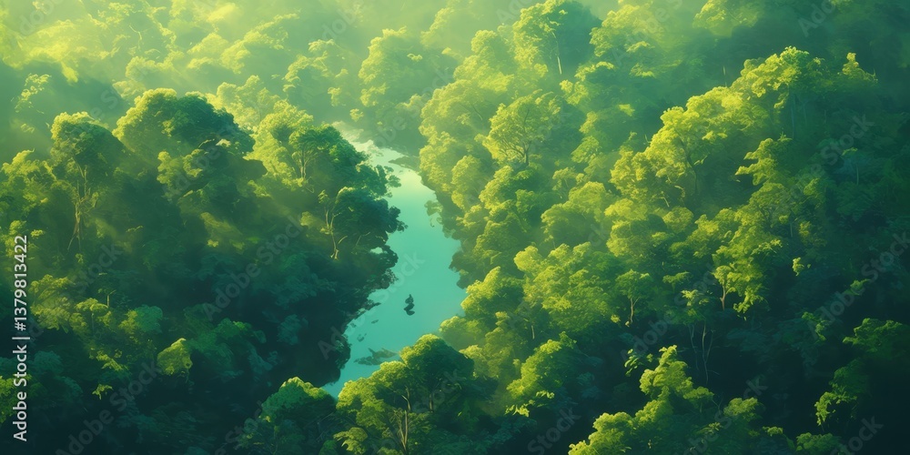 Illustration of Aerial View of Lush Green Rainforest Illustration of Aerial View of Lush Green Rainforest