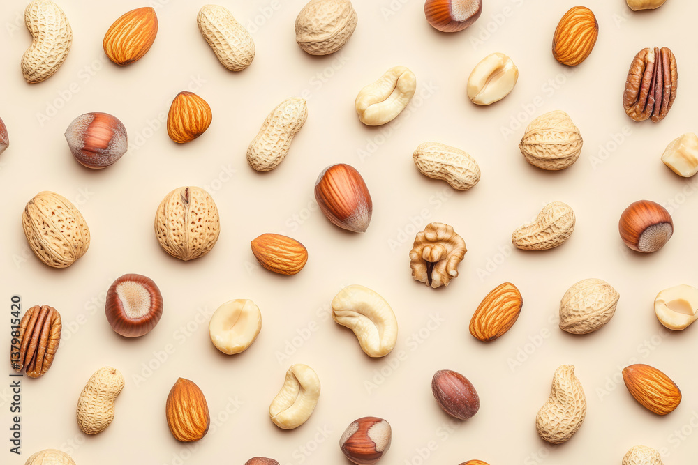 Nuts arranged on beige background create vibrant display