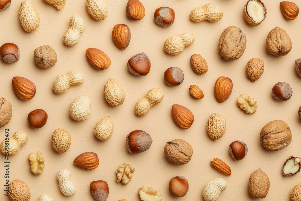 Nuts arranged on beige background create warm, inviting scene Nuts arranged on beige background create warm, inviting scene