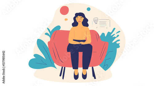 Vector illustration of a woman giving a testimonial while seated in a chair, colorful full width banner for headers, customer feedback concept