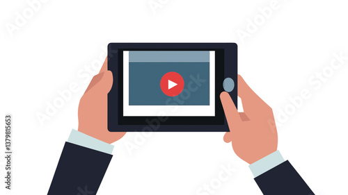 Businessman Streaming Media on Tablet, Hands Holding Device, Digital Content Consumption, Online Video Streaming, Modern Technology in Business Context