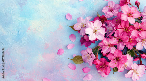 Pink flowers blooming vibrantly on textured blue background create stunning contrast