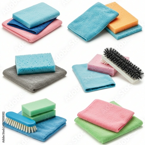 Assortment of Cleaning Cloths, Sponges, and Brush for Efficient Cleaning