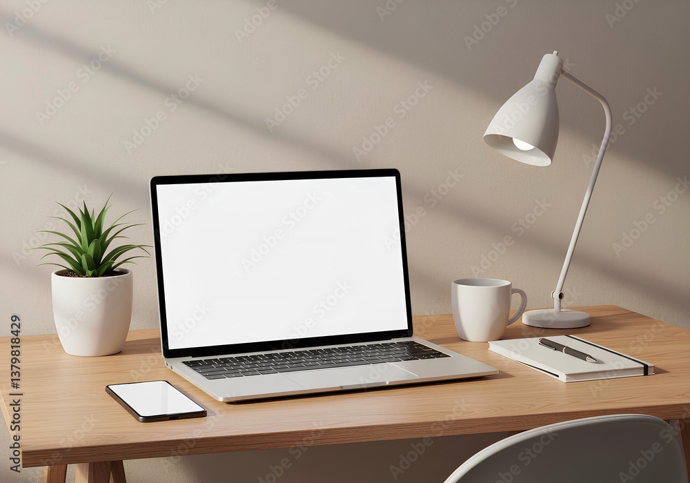Wooden Desk with Laptop Mockup and Coffee Cup Wooden Desk with Laptop Mockup and Coffee Cup