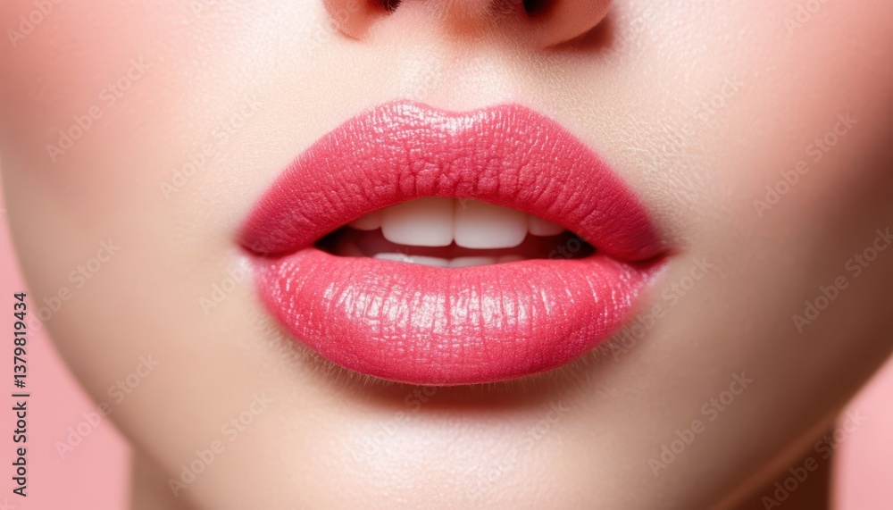 Obraz premium Close-up of a woman's lips adorned with pink lipstick, highlighting beauty and elegance.