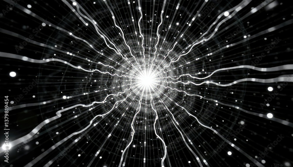 Naklejka premium Complex interwoven lines forming a starburst, monochrome, illusion, optical, symmetry