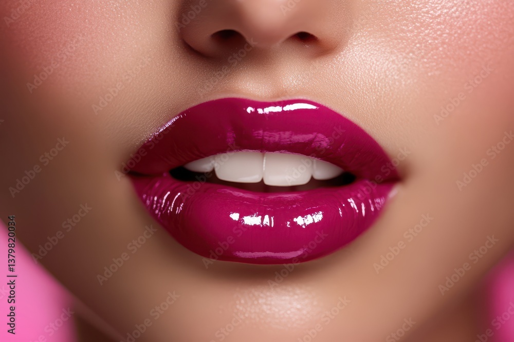 Fototapeta premium A close-up view highlighting a woman's lips adorned with vibrant pink lipstick.