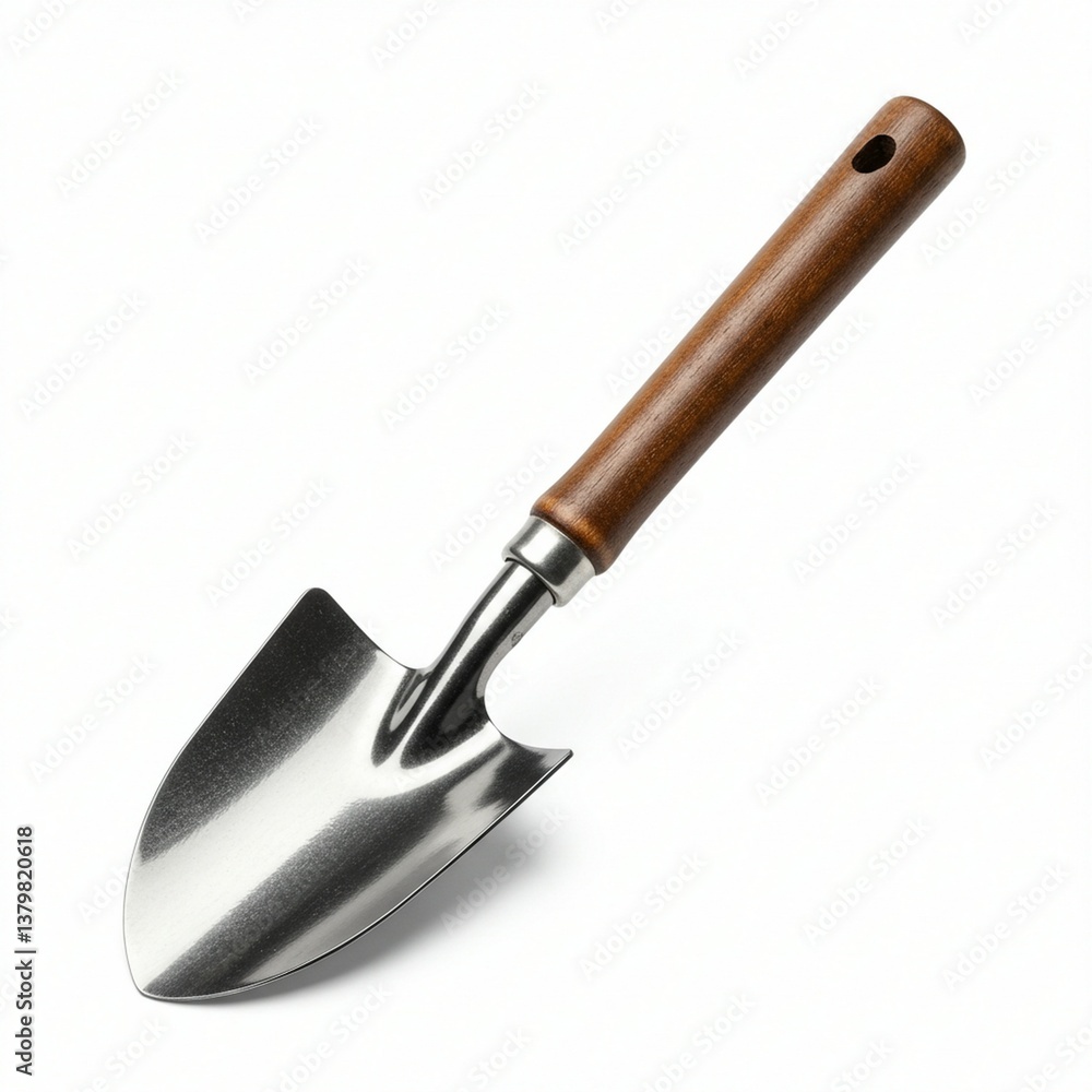 High-quality small trowel with wooden handle, isolated on white High-quality small trowel with wooden handle, isolated on white