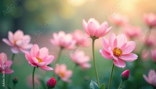 Continuous blooming flowers, soft focus, pastel hues, design, vine, romantic