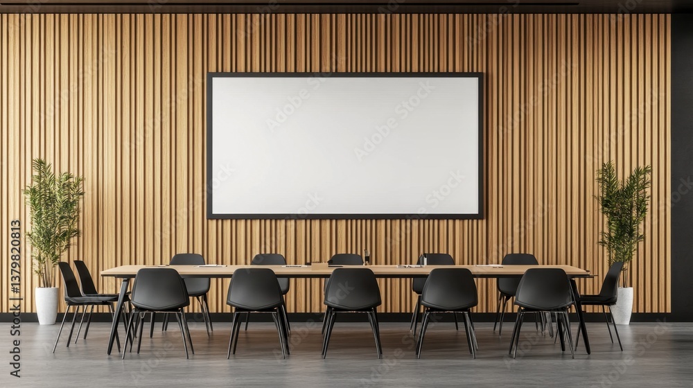 Fototapeta premium A modern corporate meeting room featuring branding materials, a whiteboard, and a sleek business setup.