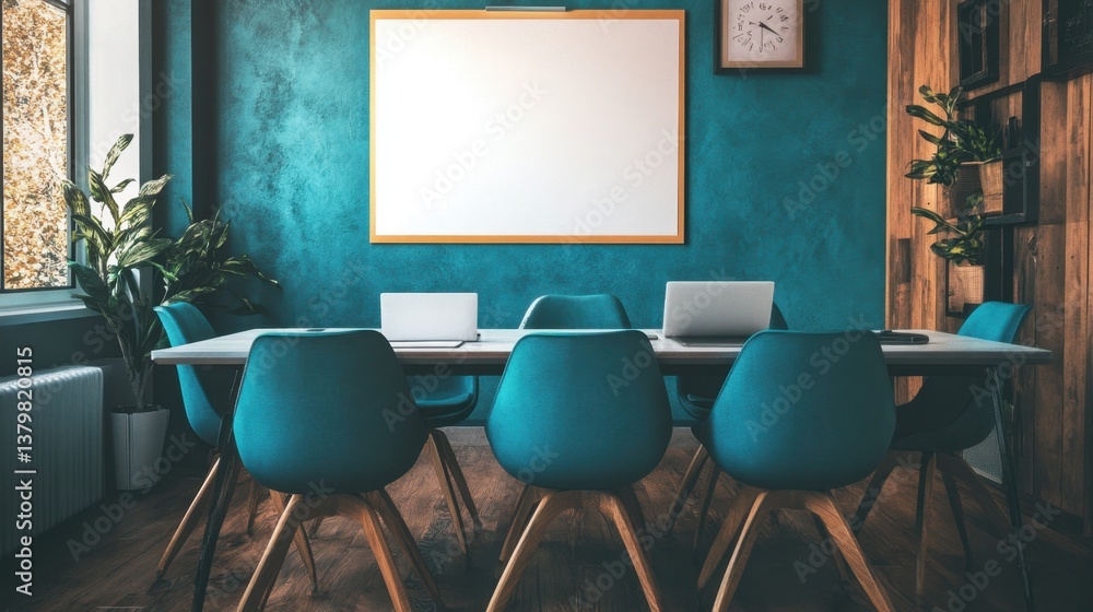 Fototapeta premium A modern corporate meeting room featuring branding materials, a whiteboard, and a sleek business setup.
