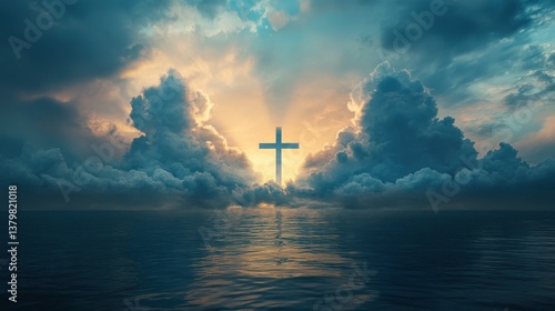 Radiant cross breaking through heavenly clouds above calm ocean reflecting divine light and serenity

