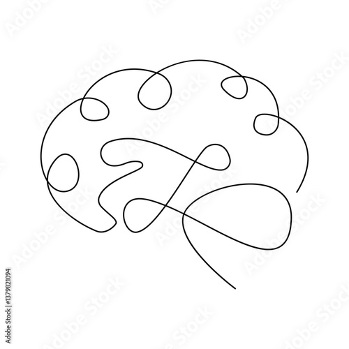 Human brain single-line art on a white artboard beautifully represents intelligence and creativity, using a continuous stroke to capture the complexity of the mind in a minimalist way.