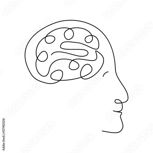 Human brain single-line art on a white artboard beautifully represents intelligence and creativity, using a continuous stroke to capture the complexity of the mind in a minimalist way.