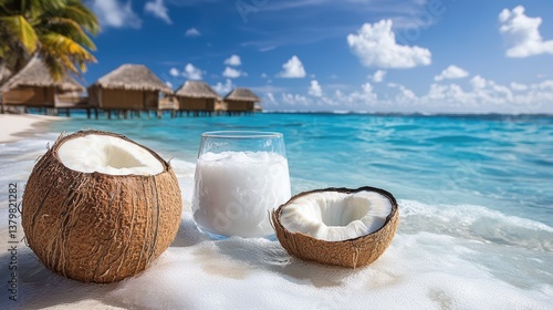 Wallpaper Mural Coconuts and milk on a beach, featuring a thatched hut in the background. Torontodigital.ca