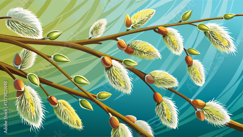 Macro shot of delicate willow catkins swaying in the spring breeze